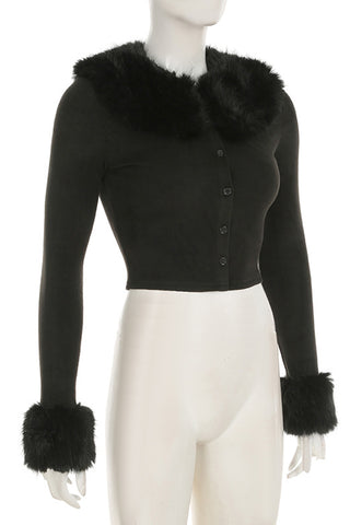 Button-Front Faux Fur Collar Coat