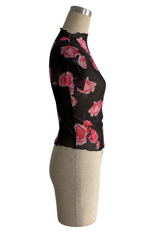 Floral Sheer T-Shirt with Ruffled Hem