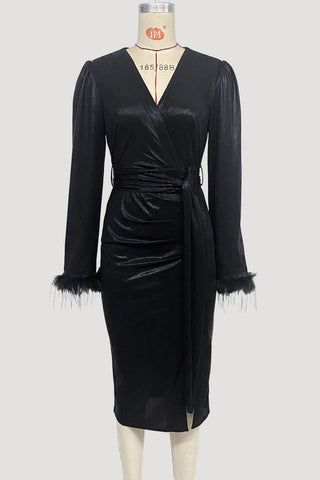 Elegant Wrap Midi Dress with Feather Cuffs