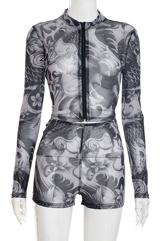 Patterned Zip-Front Short Set