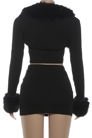 Fuzzy Trim Two-Piece Skirt Set