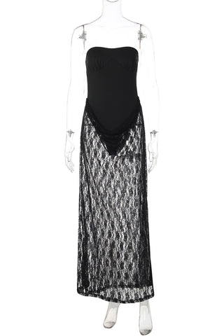 Strapless Lace Overlay Evening Dress