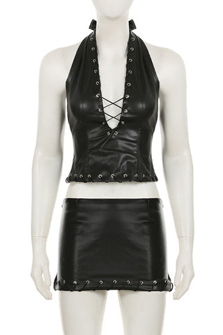 Eyelet Lace-Up Halter Skirt Set