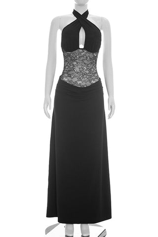 Halter Neck Evening Dress with Lace Detail