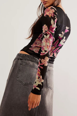 Floral Long-Sleeve Mesh Blouse