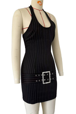 Belted Halter Neck Pinstripe Dress