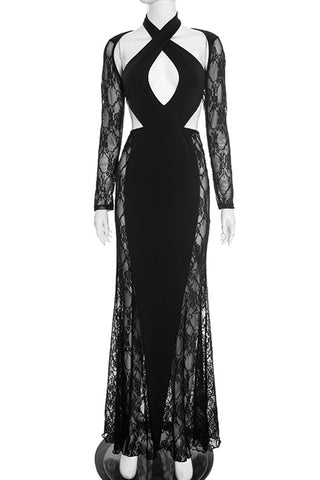 Lace Detail Evening Dress with Cutouts