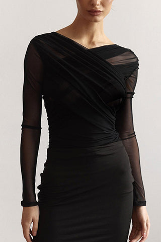 Ruched Mesh Long Sleeve Blouse