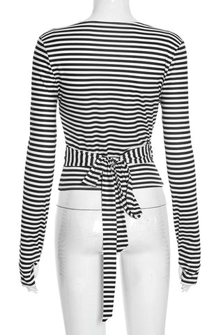 Striped Wrap-Front Long Sleeve Top
