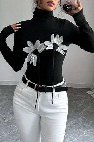 Floral Appliqué Long-Sleeve Turtleneck Top