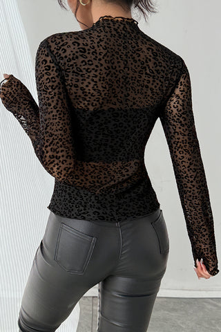 Sheer Leopard Print Long Sleeve Blouse