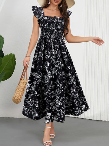 Floral Print Ruffle Sleeve Midi Dress