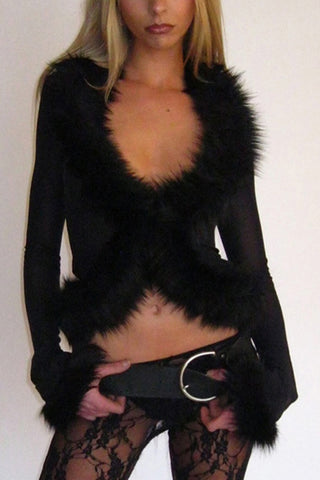 Faux Fur Trim Sheer Long Sleeve Blouse