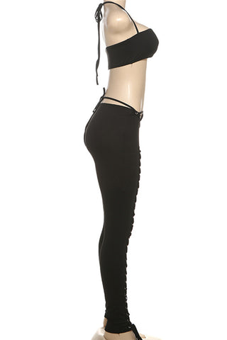 Eyelet Lace-Up Crop Top and Pants Set