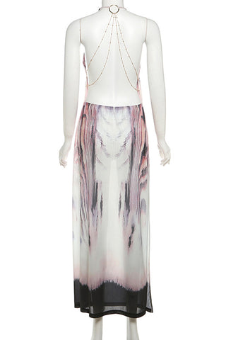 Abstract Print Halter Maxi Dress