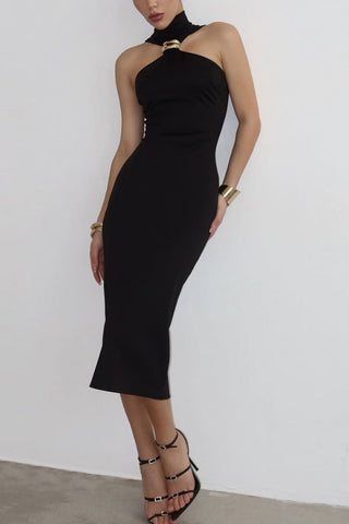 Asymmetric Halter Midi Dress