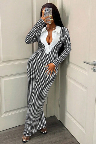 Elegant Houndstooth Long Sleeve Dress