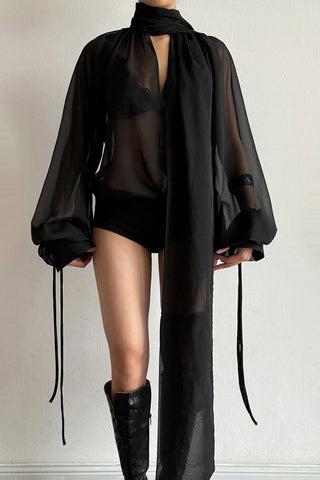Sheer Neck-Tie Blouse