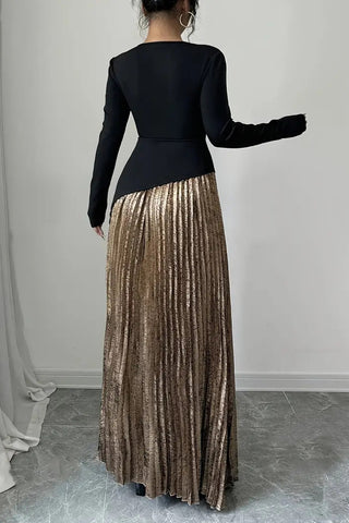 Asymmetric Long-Sleeve Pleated Dress