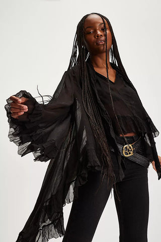 Tie-Neck Sheer Blouse with Ruffled Details