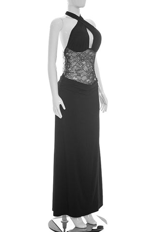 Halter Neck Evening Dress with Lace Detail