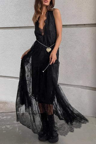 Plunge Neck Lace Maxi Dress