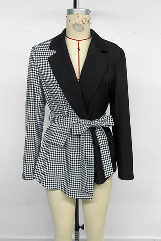 Asymmetric Houndstooth Wrap Blazer