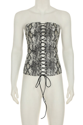 Lace-Up Strapless Snake Print Tank