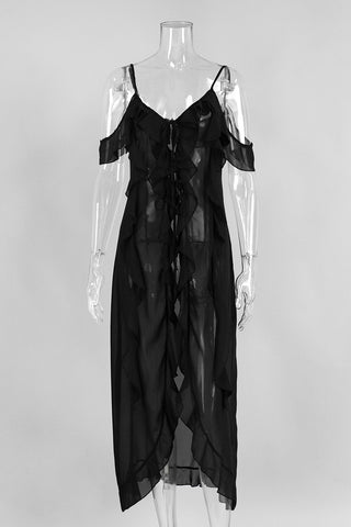 Ruffled Cold-Shoulder Midi Dress