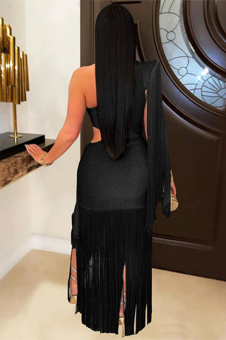 One-Shoulder Fringe Evening Dress