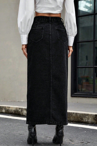 Button-Front Denim Midi Skirt