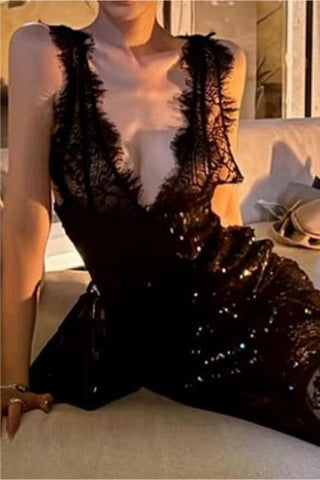 Sequin Lace Trim Evening Dress