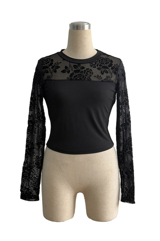 Floral Mesh Detail Long Sleeve Top
