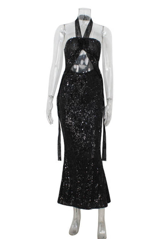 Halter Cutout Sequin Evening Dress