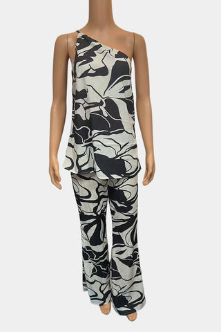 One-Shoulder Floral Pants Set