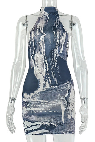 Abstract Print Halter Mini Dress