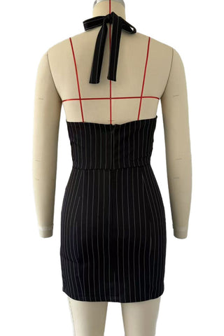 Belted Halter Neck Pinstripe Dress