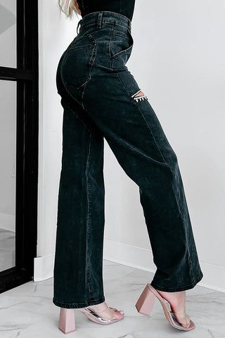Distressed Wide-Leg Denim Pants