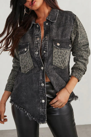 Snap-Front Leopard Sleeve Denim Jacket