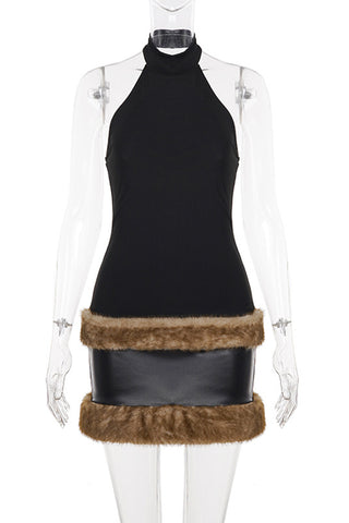 Halter Neck Faux Fur Trim Dress