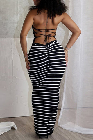 Halter Neck Striped Maxi Dress