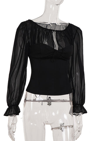 Sheer Sleeve Lace-Up Blouse