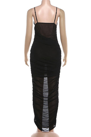 Ruched Mesh Evening Maxi Dress