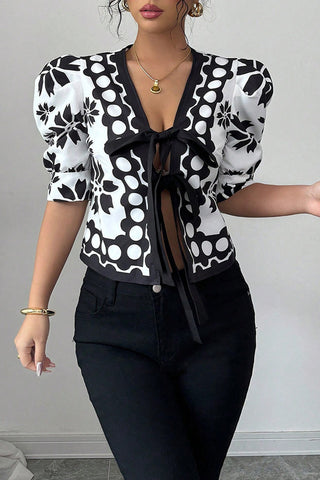 Bow-Tied Patterned Blouse