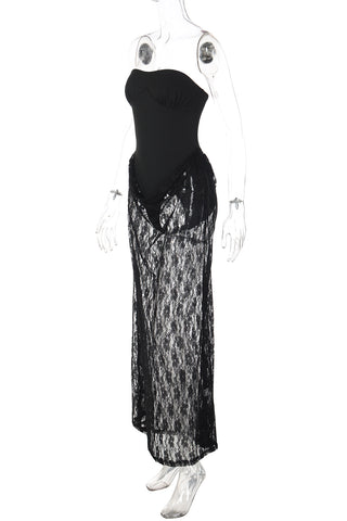 Strapless Lace Overlay Evening Dress