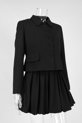 Buttoned Crop Jacket with Pleated Skirt Set