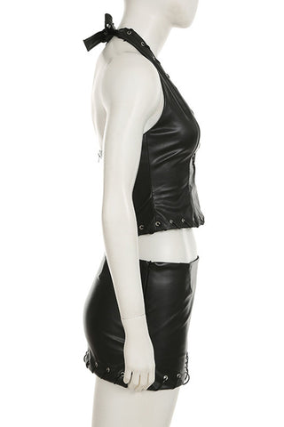 Eyelet Lace-Up Halter Skirt Set