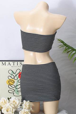 Striped Buttoned Bandeau and Skirt Set