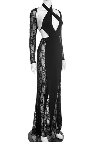 Lace Detail Evening Dress with Cutouts