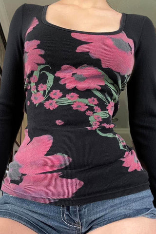 Floral Long-Sleeve Square Neck Blouse